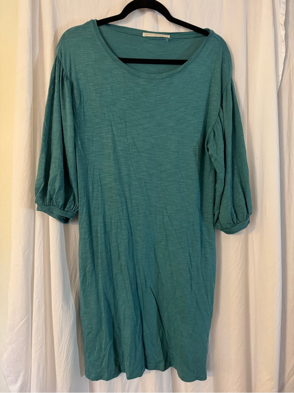 Peruvian Connection , Teal Knit Dress Size XS Puff Slv Pima cotton/Wool/Modal